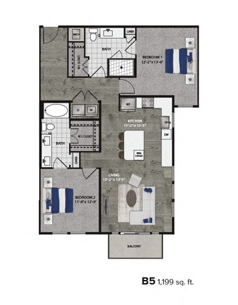 Floor plan for 2 beds, 2 baths, 1199 sqft